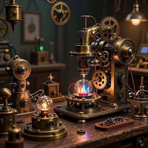Photograph of a steampunk workshop with glowing brass machinery, gears, and a fiery blue flame under a spotlight, set on a wooden table.