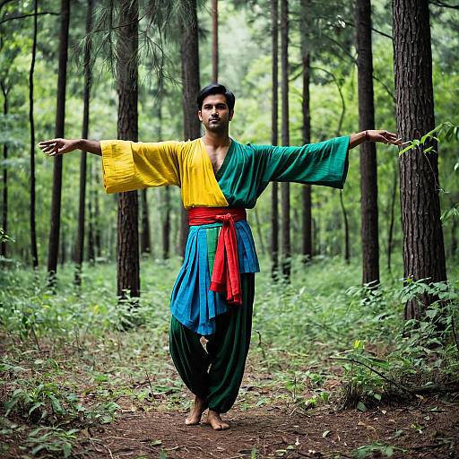 Indian Male Dancer in Colorful Traditional Costume in Forest