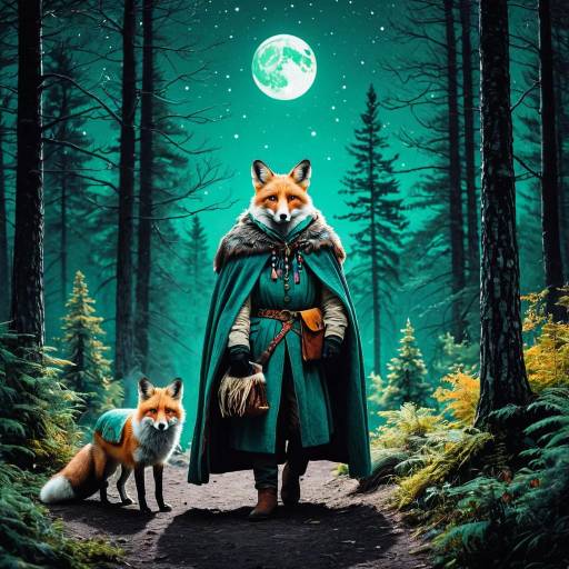 Anthropomorphic Fox Traveler in Forest at Night