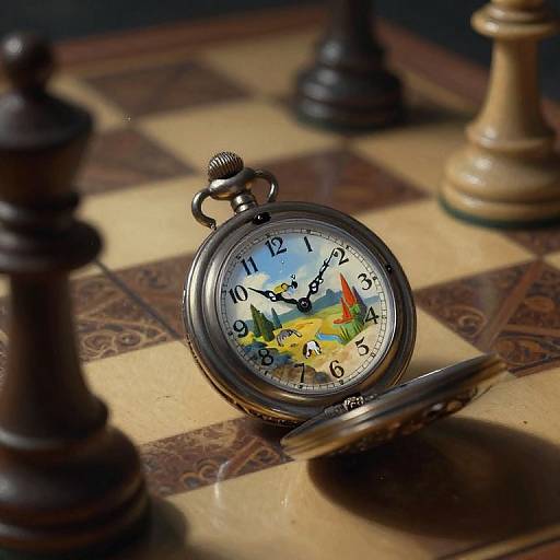 Photograph of an antique pocket watch with colorful clock face, lying on a chessboard, surrounded by black and beige chess pieces.