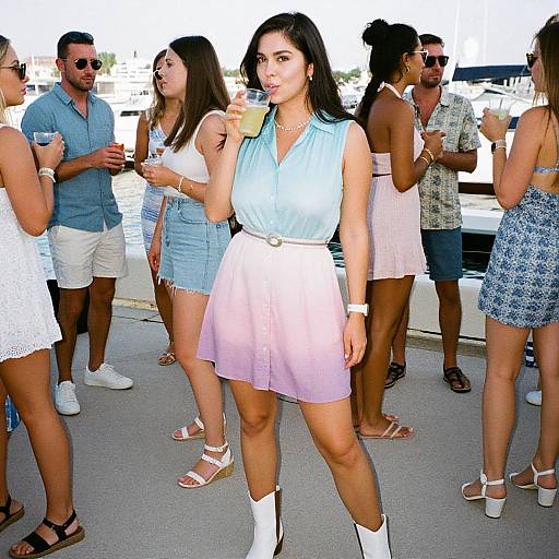 Photograph of a young woman with long black hair, light blue blouse, pink skirt, white boots, sipping a drink, surrounded by casually dressed