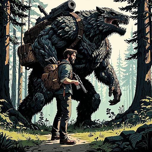 Man with Gun and Shadow Beast in Forest
