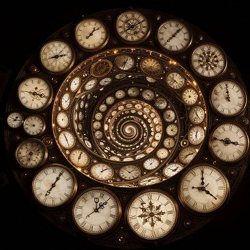 Photograph of a spiral array of vintage, illuminated clocks with white faces and black Roman numerals, glowing warmly against a dark background.