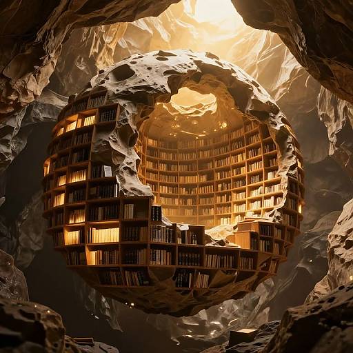 Photorealistic CGI of a spherical library with glowing bookshelves, partially embedded in a rocky cave entrance, illuminated by sunlight.