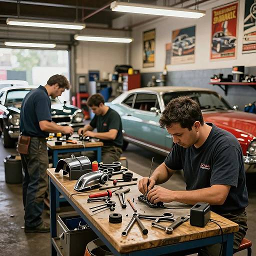 Photograph of three men in a busy garage workshop, working on car repairs, surrounded by tools and classic cars, under bright fluorescent lights.