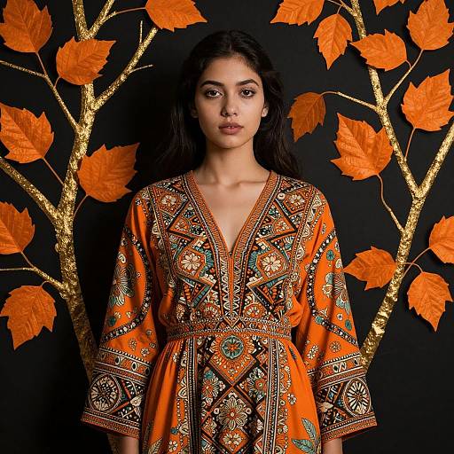 Photograph of a woman with dark hair wearing an ornate orange and black patterned dress, standing against a black background with golden orange leaves.