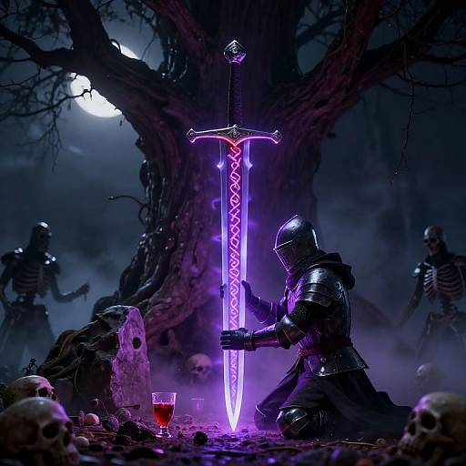 Dark fantasy scene: armored knight kneels before glowing purple sword, surrounded by skulls, mist, skeletons, and a full moon under a twisted tree.