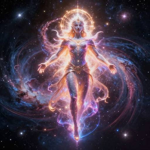 Digital art of a radiant, celestial woman with glowing halo, flowing cosmic light dress, and ethereal wings, floating in a starry galaxy.