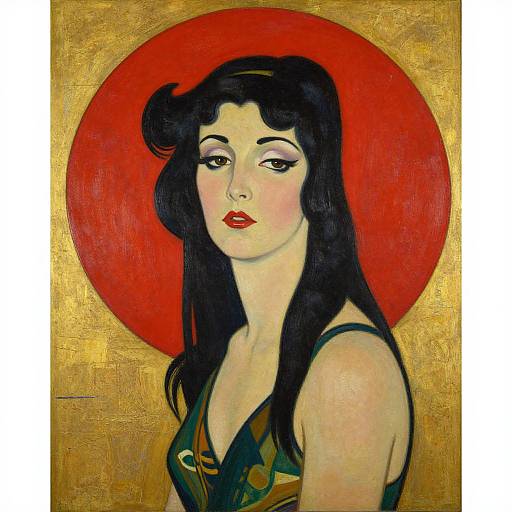 Artistic portrait of a fair-skinned woman with black hair, red lips, green dress, and bold red halo against a gold background.