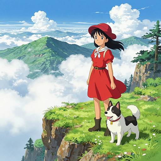 Anime-style drawing: A red-dressed girl with a red hat and black hair stands on a cliff, looking at a black-and-white dog beside her