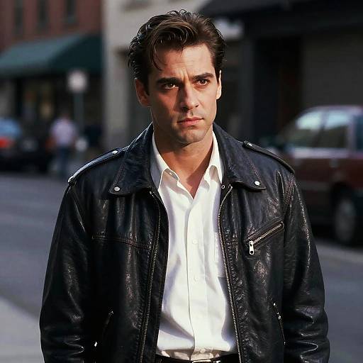Photograph of a serious-looking Caucasian man with dark hair, wearing a black leather jacket over a white shirt, standing on a city street with blurred buildings