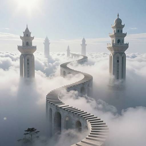 Photorealistic CGI of a cloud-covered, ethereal city featuring a winding stone bridge connecting four ornate, tower-like structures with domed tops.