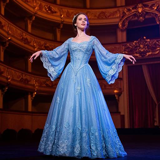 Photograph of a woman in an elegant, blue, lace ball gown with wide sleeves, posing gracefully on an ornate theater stage.