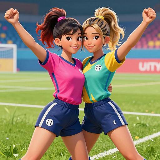 Digital artwork of two smiling, young female soccer players with ponytails, arms raised, wearing pink and blue jerseys, and blue shorts, on a vibrant