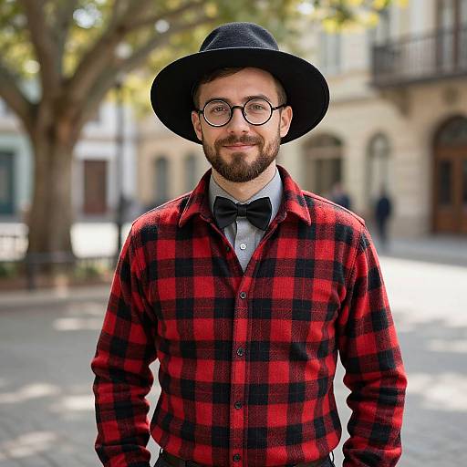 Photograph of a bearded man with round glasses, black bow tie, black hat, and red-black plaid shirt, standing in a sunlit