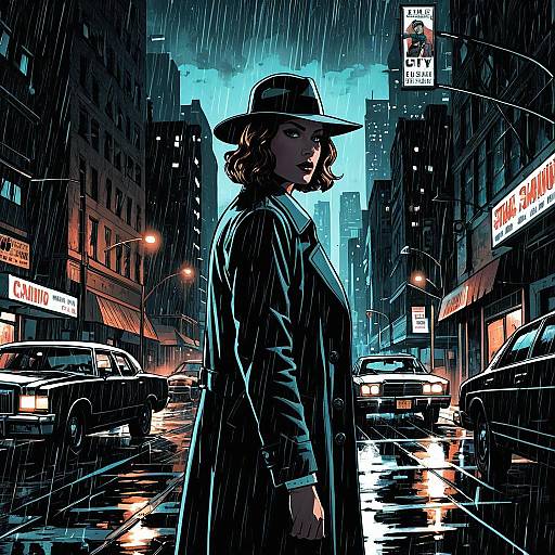 Noir Detective Woman on Rainy City Street