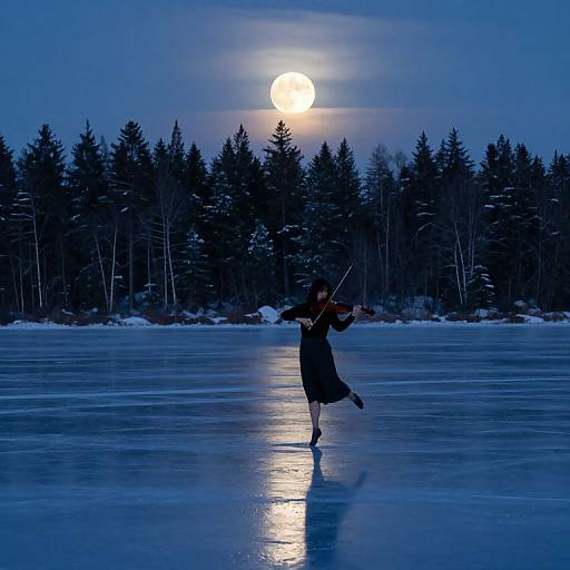 Silhouetted violinist dancing on frozen lake at night, illuminated by full moon, with snow-covered forest in background. Blue twilight sky. Photograph