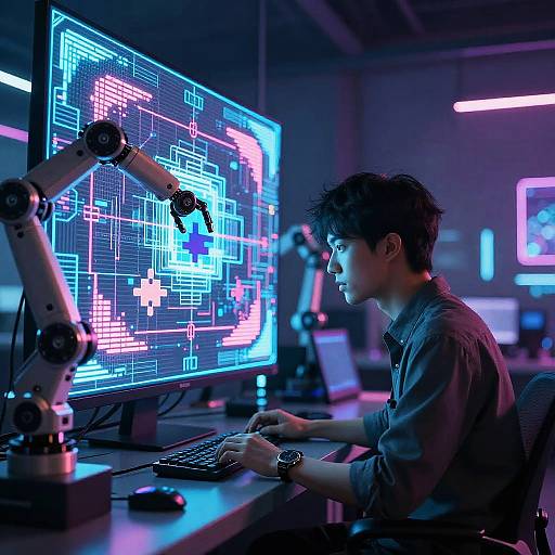 Photograph of a young man with curly hair, wearing a denim shirt, intensely focused on a neon-lit computer screen in a dimly lit,