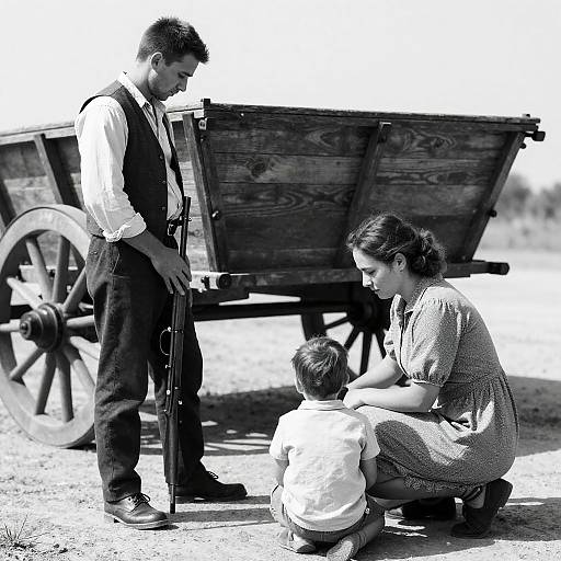 Vintage Scene with People and Wagon