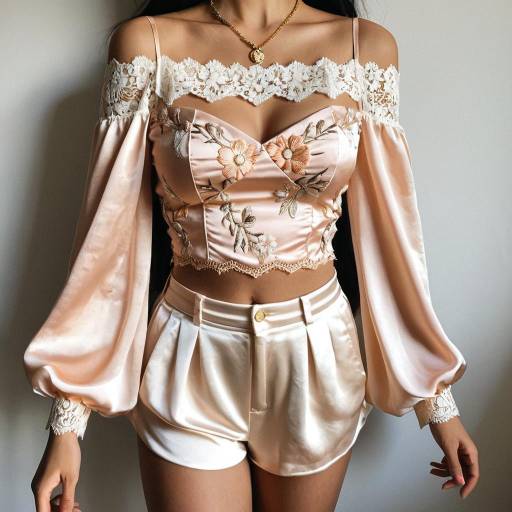 Peach Satin Off-Shoulder Blouse and Shorts Set