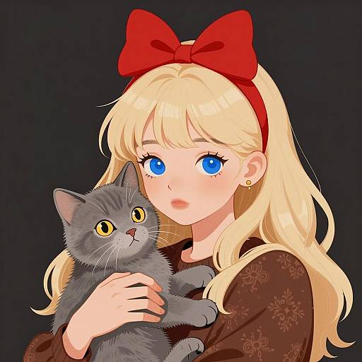 Calm Blonde Girl with Kitten Illustration