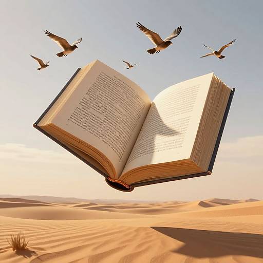 Surreal Floating Books in Desert