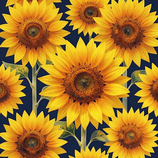 Digital illustration of vibrant yellow sunflowers with dark brown centers, set against a deep blue background. Bright petals and detailed central textures create a striking, colorful