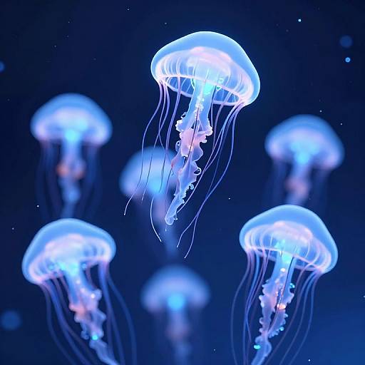 Photograph of glowing blue jellyfish with translucent, flowing tentacles against a dark, starry ocean background, creating a serene underwater scene.