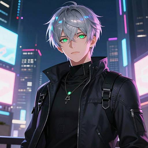 Anime-style digital artwork of a silver-haired, green-eyed young man with a black jacket, neon cityscape background, glowing neon lights.