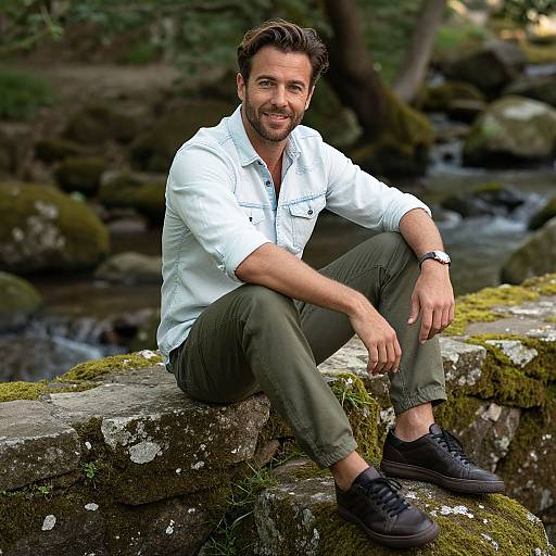 Photograph of a smiling, bearded man with short brown hair, wearing a white shirt, olive green pants, and black shoes, sitting on a