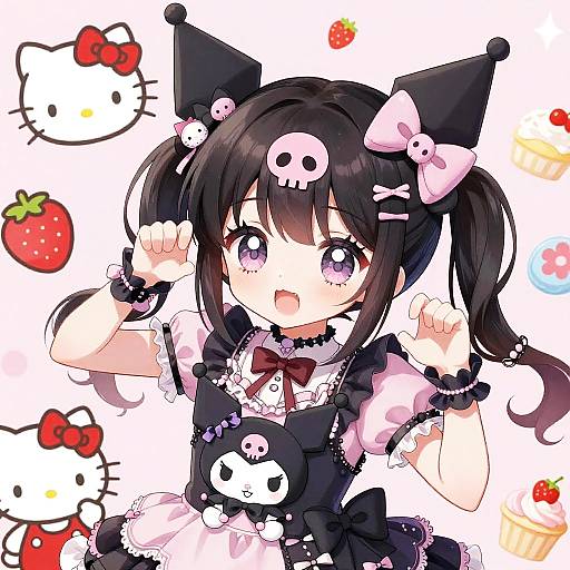 Anime-style digital illustration of a cute, black-haired girl with purple eyes, wearing a kawaii jester outfit, pink bows, and skull hairpins