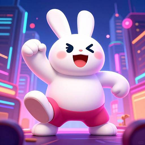CGI cartoon bunny with white fur and pink shorts, cheerfully punching in a neon-lit, futuristic cityscape. Bold colors, dynamic pose.