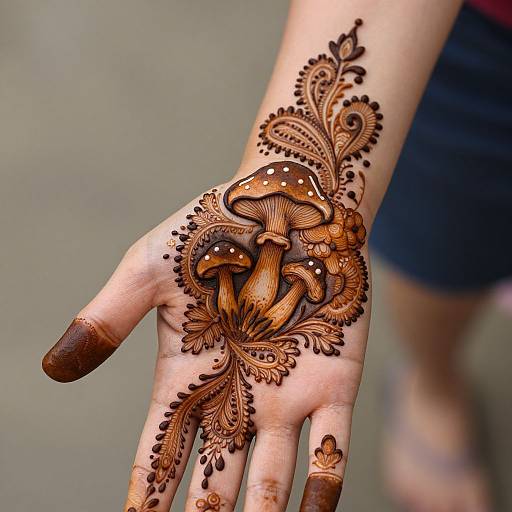 Photograph of a hand with intricate brown henna design featuring three mushrooms, floral patterns, and leaves on the back and palm.