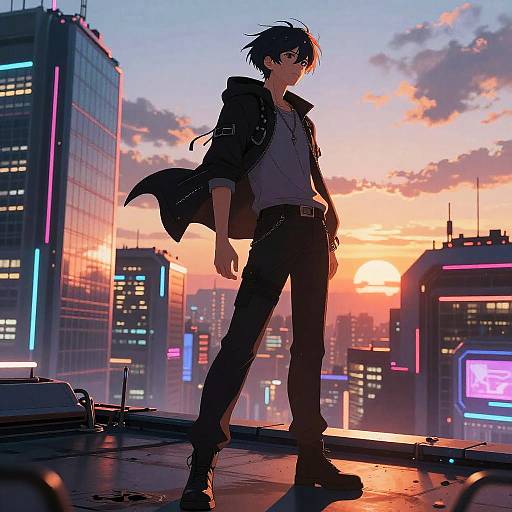Digital anime artwork of a silhouetted young man with black hair and jacket, standing confidently on a rooftop at sunset, surrounded by neon-lit