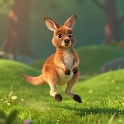 CGI image of a cute, animated kangaroo with big eyes, jumping in a sunny, green forest with blurred trees in the background.
