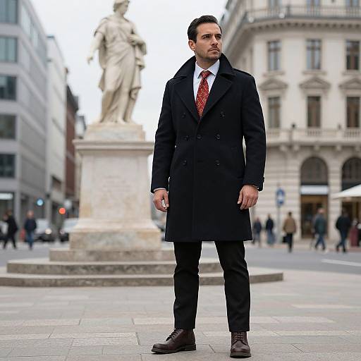 Photograph of a serious, bearded man in black overcoat, red tie, and dark pants, standing in front of a city square statue,