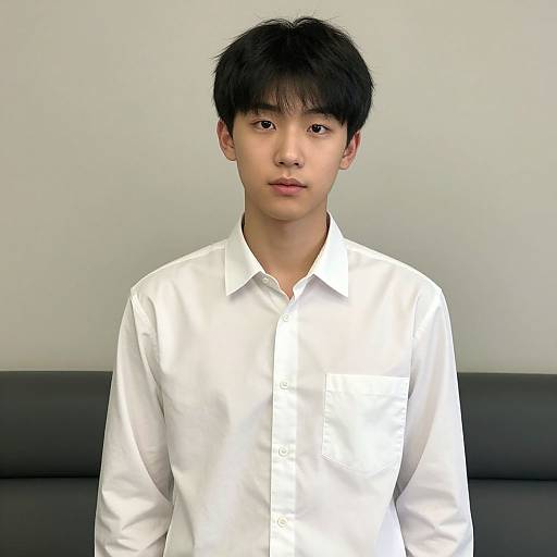 Photograph of an Asian teenage boy with short black hair, wearing a white button-up shirt, standing against a plain, light gray background with a dark