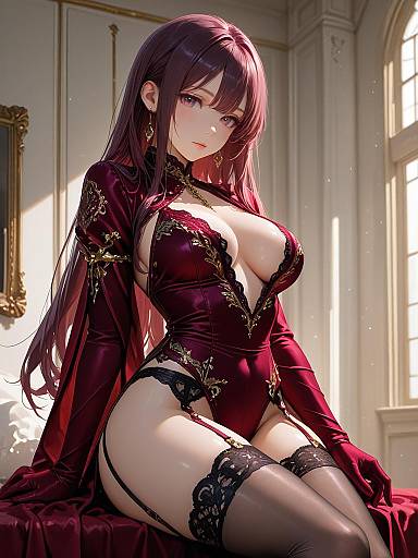 Elegant Woman in Burgundy Velvet Bodysuit