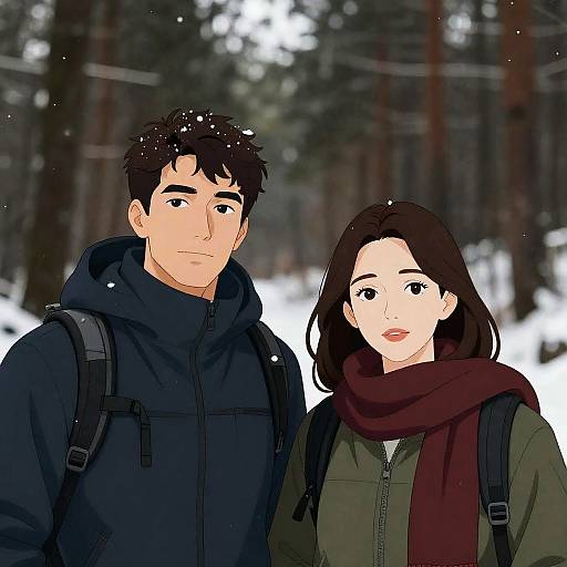 Realistic Hiking Couple in Snowy Forest