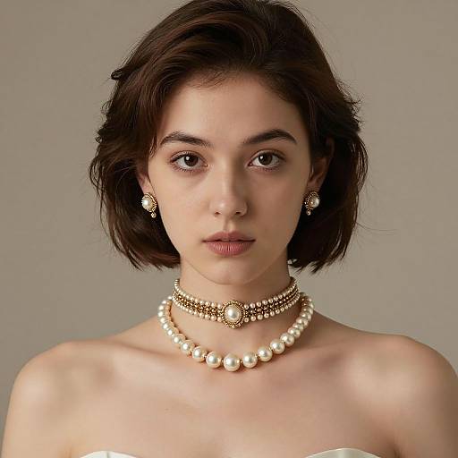 Photograph of a young woman with short dark brown hair, fair skin, wearing pearl and gold jewelry, including a choker and earrings, against a