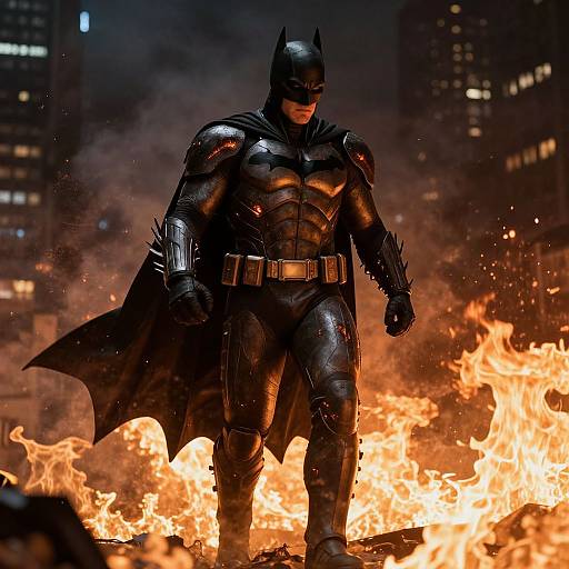 Batman Amidst Fiery Urban Night