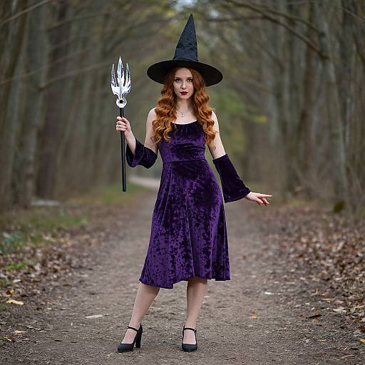 Photograph of a red-haired woman in a purple velvet witch dress, black hat, and high heels, holding a white mask, standing on a forest