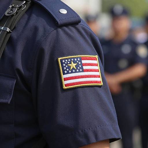 Close-up photograph of a dark blue police uniform with an American flag patch on the shoulder, blurred background of uniformed officers.