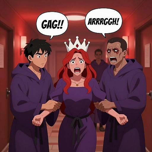 Dramatic Comic Scene in a Red Hallway