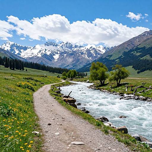 Photograph of a winding gravel path beside a rushing river, flanked by green grass and yellow wildflowers, with snow-capped mountains and a bright