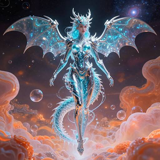 Digital artwork of a glowing blue, ethereal dragon-woman with crystalline wings and armor, standing on a fiery, cloud-filled celestial landscape.