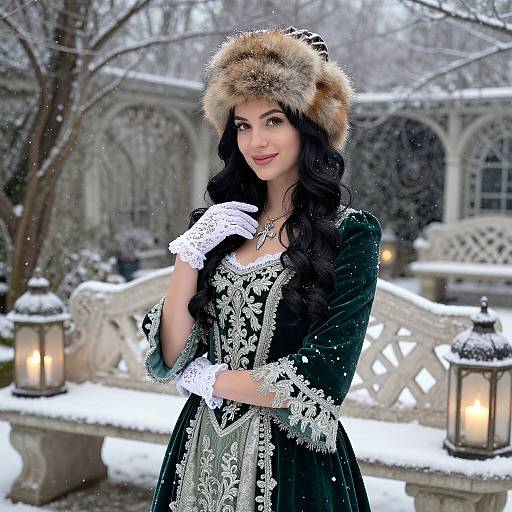 Photograph of a smiling woman with dark hair, wearing a green velvet dress, white lace gloves, and fur hat, standing in a snowy garden with