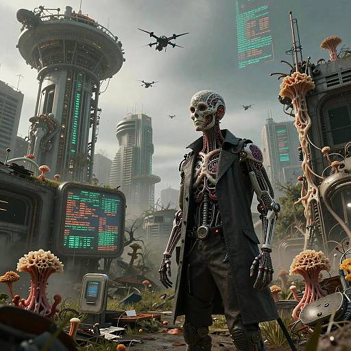 Futuristic Bioengineer in Overgrown Cyberpunk City