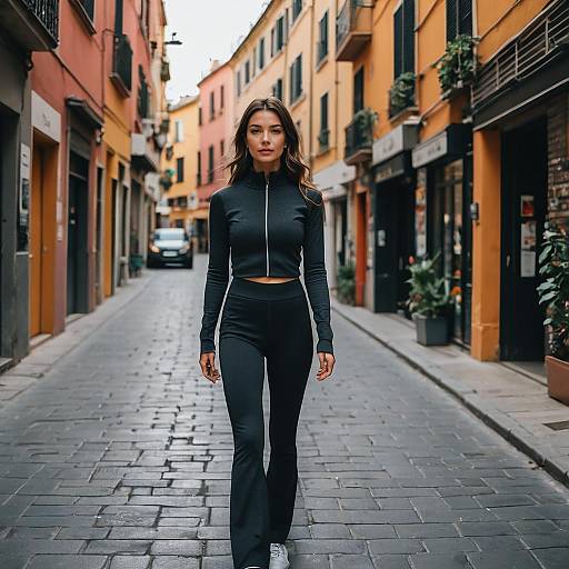 Woman in Charcoal Grey Athleisure Outfit on Mediterranean Street