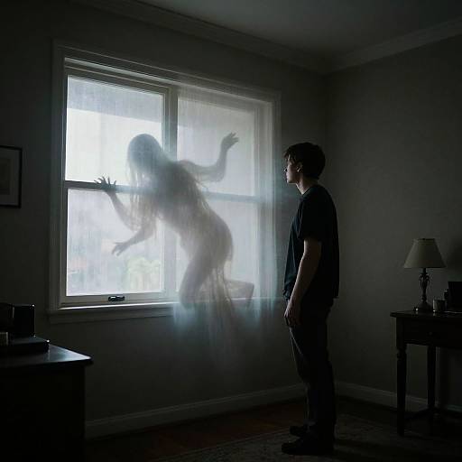 Photograph of a dark room with a silhouette of a ghostly figure in the window, standing beside a frightened teenage boy.